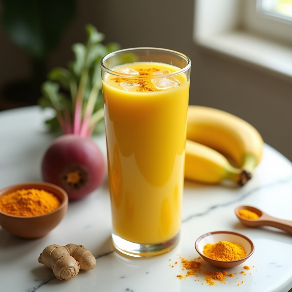 Vaso alto transparente con batido dorado vibrante de remolacha dorada y cúrcuma, servido con hielo y decorado con una pizca de cúrcuma en polvo. Fondo con ingredientes naturales como plátano, jengibre y semillas de chía.