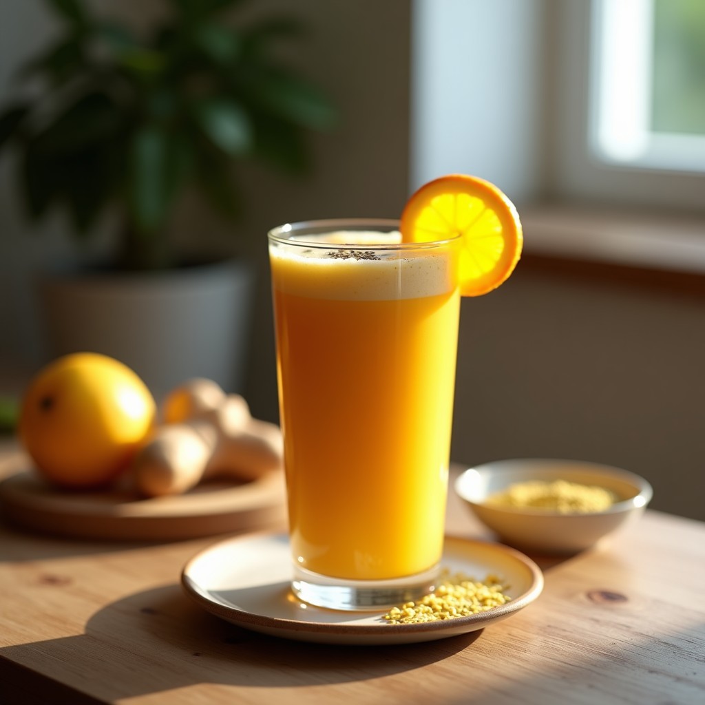 Vaso alto transparente con batido de remolacha dorada y jengibre, color naranja vibrante, espuma cremosa en la superficie, decorado con semillas de chía y una rodaja de naranja al borde. Fondos desenfocados de ingredientes: remolacha dorada cruda, jengibre y polvo de proteína de guisante.