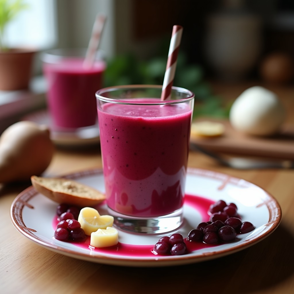 Vaso alto de cristal con batido de remolacha, jengibre y leche de coco, de color rosa intenso con espuma cremosa. Decorado con una rodaja de limón, una pizca de cúrcuma en polvo y semillas de lino esparcidas. Fondo con ingredientes frescos: remolacha cruda, jengibre y coco rallado.