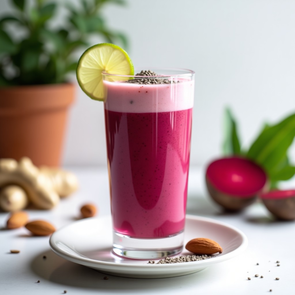 Vaso alto transparente con batido de remolacha y jengibre de color rosa intenso, servido con espuma cremosa en la superficie, decorado con semillas de chía y una rodaja de limón al borde. Fondo blanco con ingredientes frescos: remolacha cruda, jengibre y almendras dispersos.