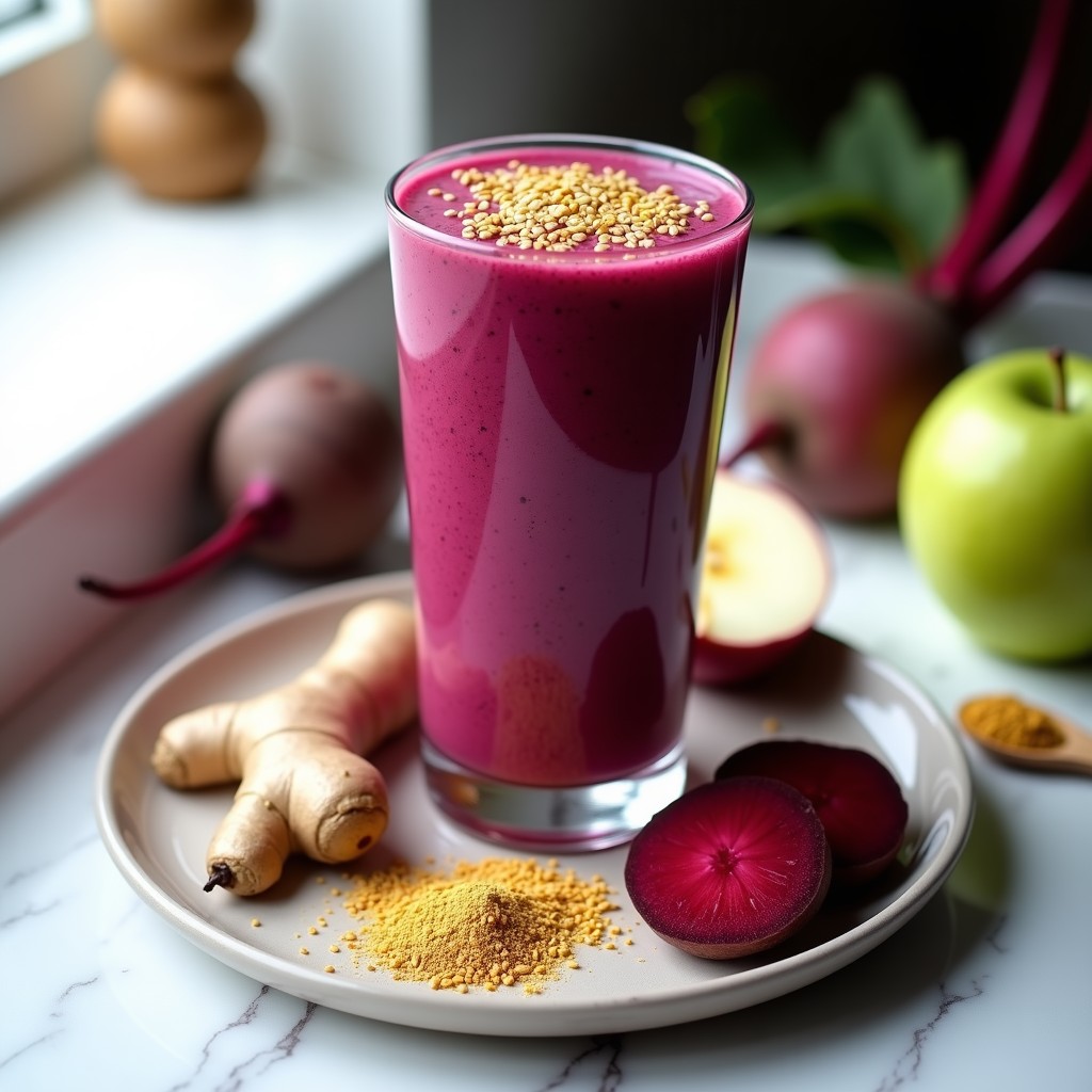 Vaso alto transparente con batido de remolacha y jengibre con maca, color morado intenso, decorado con semillas de lino dorado y una pizca de maca en polvo, sobre fondo blanco con ingredientes dispersos: remolacha cruda, jengibre fresco y manzana verde.