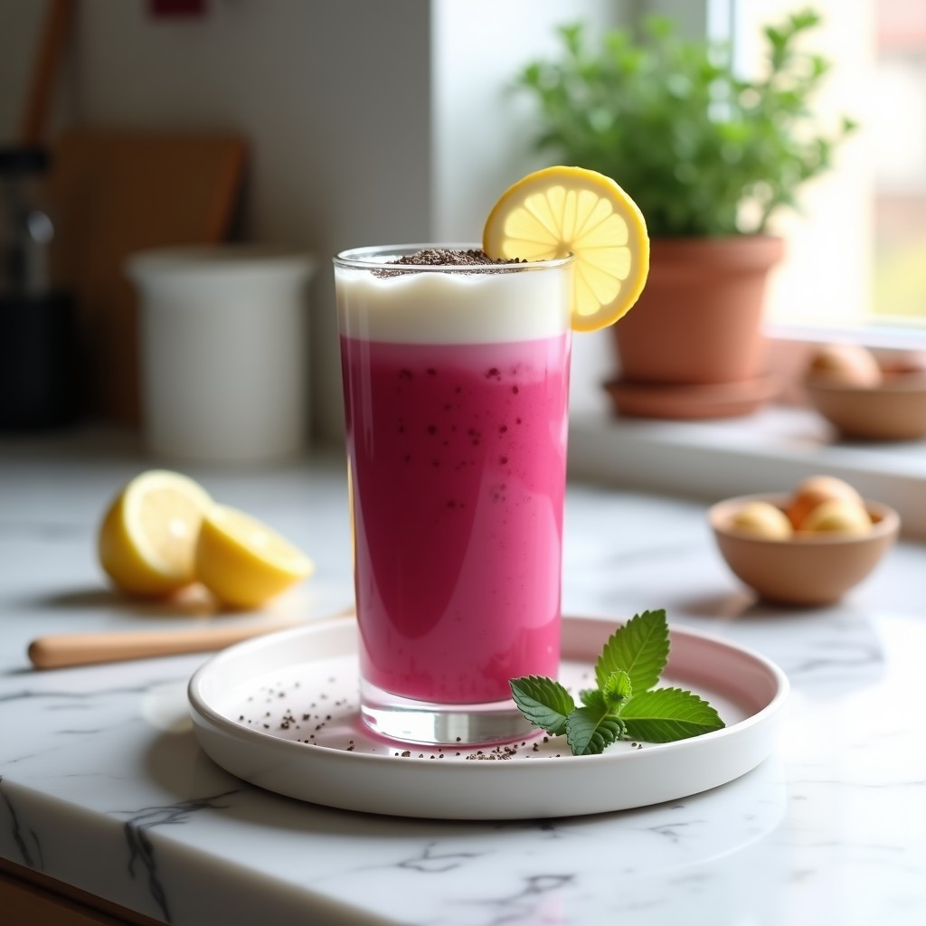 Vaso alto transparente con batido de remolacha y jengibre con yogur de soja, color rosa intenso, decorado con semillas de chía y canela en polvo, servido con pajita de bambú sobre fondo rústico de madera.