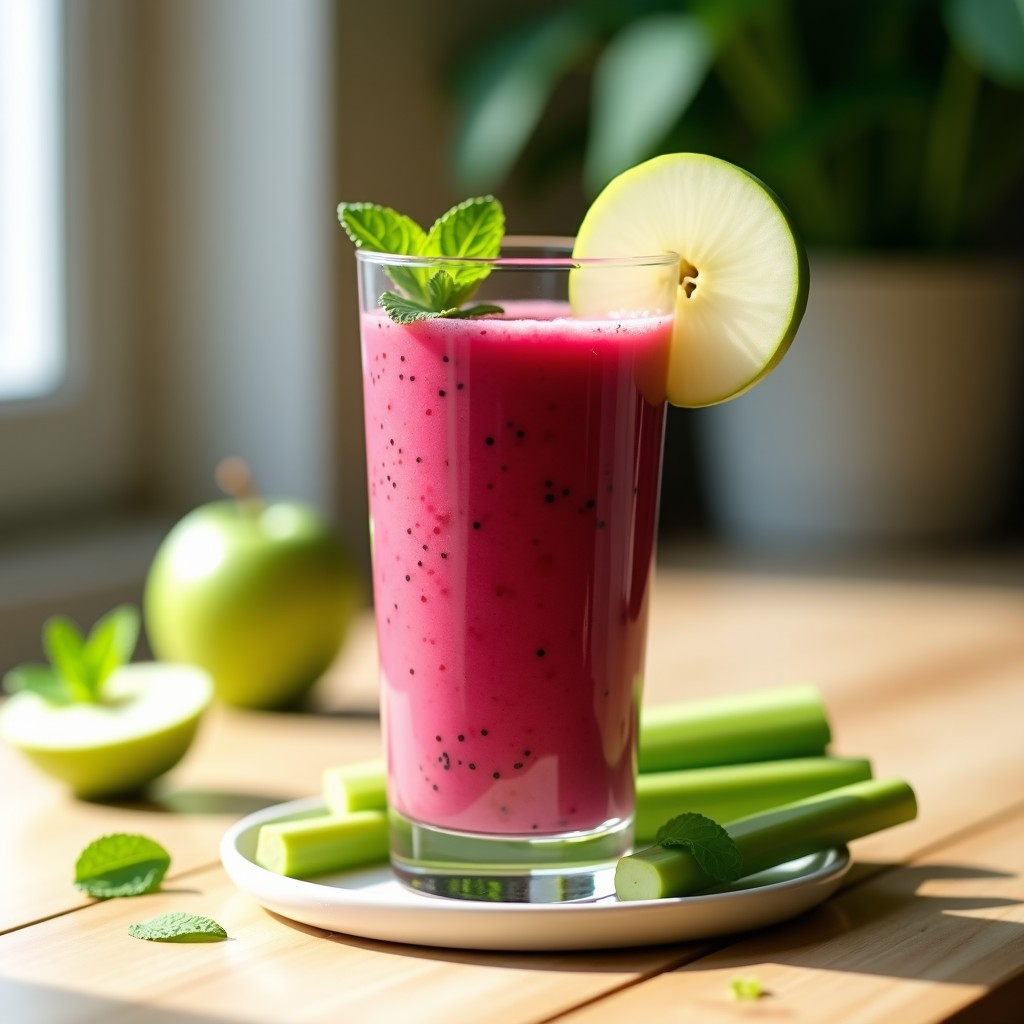 Vaso alto de cristal con batido de remolacha, manzana verde y apio, de color rosa intenso con toques verdes, decorado con rodajas de limón y semillas de chía en la superficie. Fondo blanco con hojas de menta fresca y una remolacha cruda cortada por la mitad a un lado. Bebida desintoxicante para el hígado lista para servir.