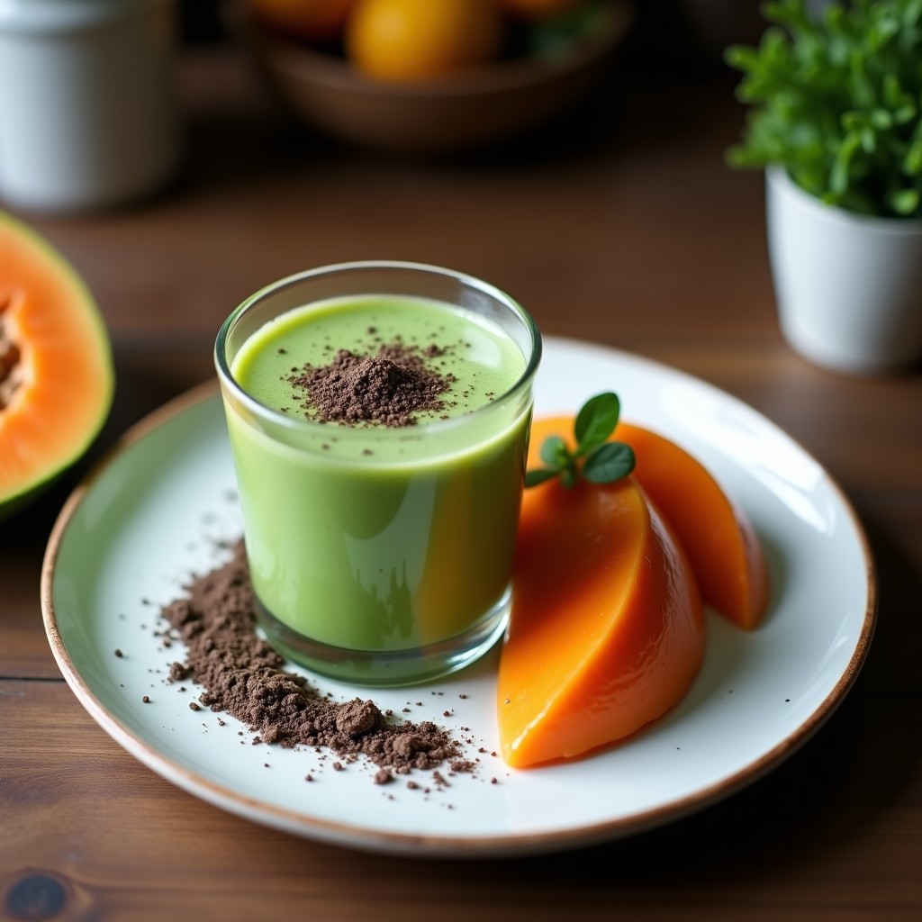 Vaso alto transparente con batido verde azulado de spirulina y coco, coronado con coco rallado y semillas de chía, acompañado de rodajas de lechosa fresca sobre un fondo de madera rústica con hojas de menta. Bebida energética andina sin lácteos.