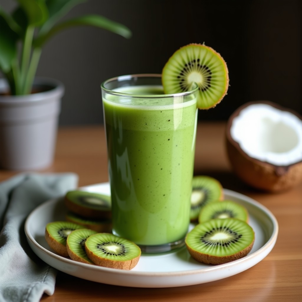 Vaso alto transparente con batido verde vibrante de spirulina y kiwi, coronado con semillas de chía y una rodaja de kiwi. Fondo claro con hojas verdes y una cuchara de madera.