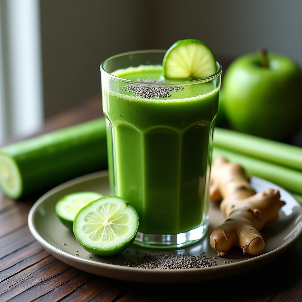 Vaso alto transparente con batido verde esmeralda de spirulina, pepino y jengibre, decorado con una rodaja de limón y semillas de chía en la superficie, sobre fondo oscuro con ingredientes frescos alrededor.