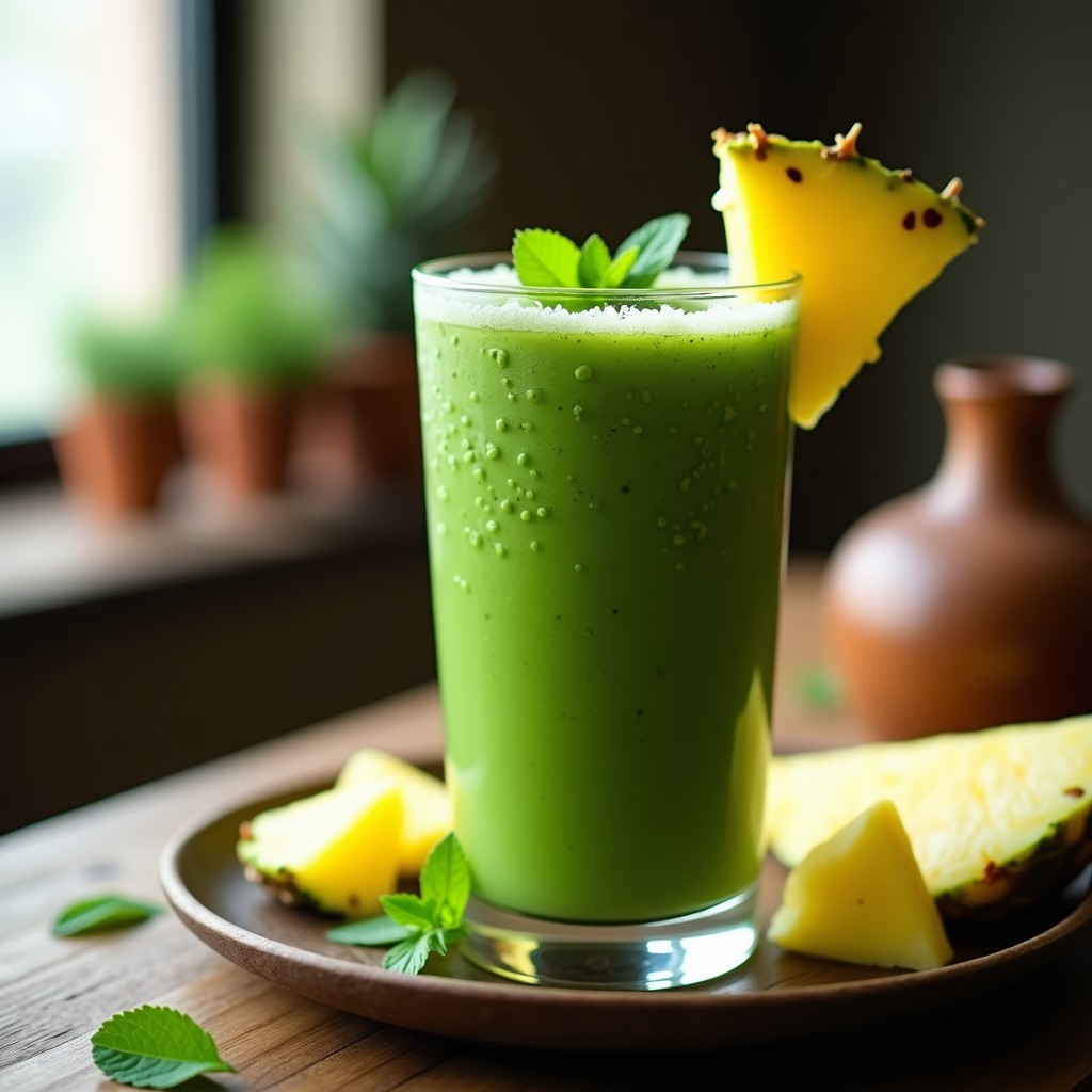 Vaso alto transparente con batido verde esmeralda de spirulina, piña y menta, decorado con una rodaja de piña y hojas de menta fresca, sobre fondo de madera rústica con gotas de agua condensada.