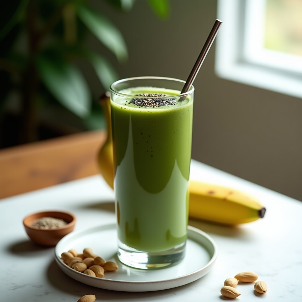 Batido verde oscuro servido en vaso alto de cristal con pajita de metal, decorado con semillas de sésamo negro y cacahuetes picados. Fondo claro con plátano y superalimentos alrededor. Receta de batido de spirulina, plátano y cacahuete con superalimentos, bebida energética vegana.