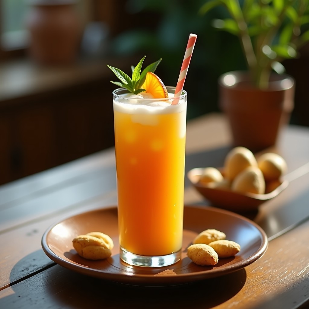 Vaso alto de cristal con batido de tamarindo y jengibre con agua de coco, decorado con hielo picado, rodaja de limón verde y hoja de menta fresca. Fondo borroso con ingredientes naturales como tamarindo en pulpa y jengibre fresco.