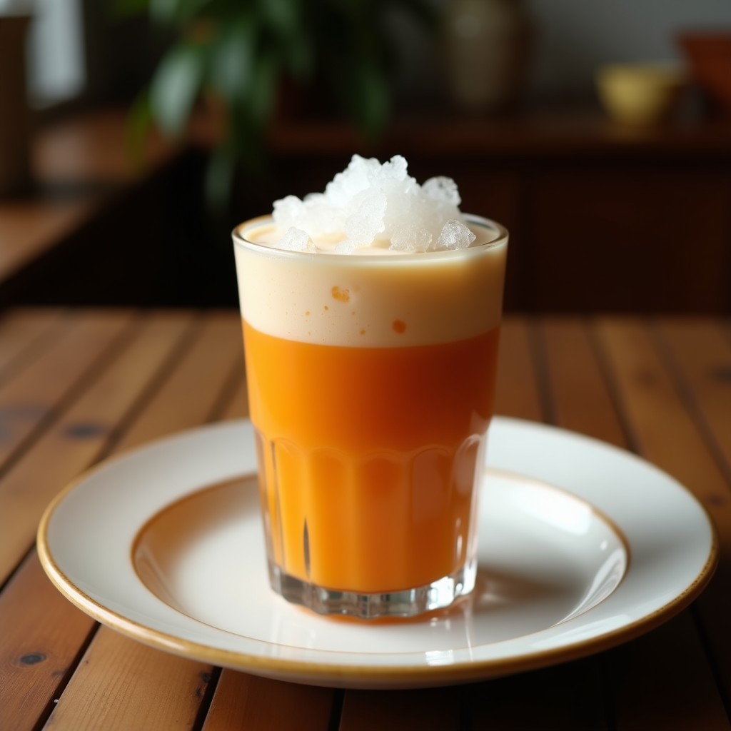 Vaso alto transparente con batido de tamarindo y leche de coco, coronado con hielo pilé brillante y hojas de menta fresca, sobre un fondo de madera rústica con tamarindo y coco al lado.