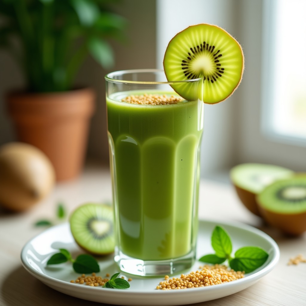 Vaso alto transparente con batido verde brillante de apio y kiwi, decorado con semillas de linaza dorada y una rodaja de kiwi, sobre fondo de madera clara con hojas de menta.