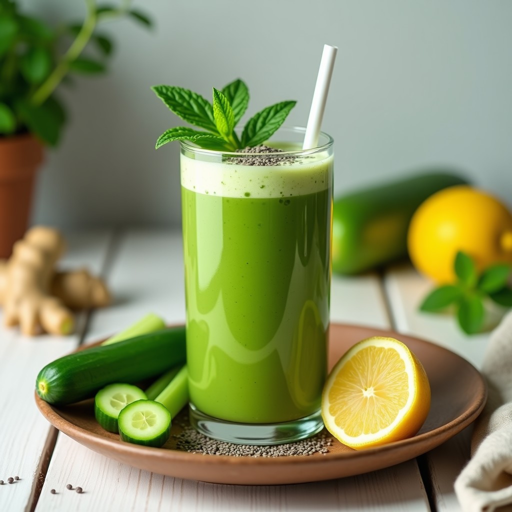 Vaso alto transparente con batido verde cremoso de apio, pepino y jengibre, decorado con rodaja de pepino y hoja de menta, sobre fondo de madera clara con ingredientes frescos alrededor.