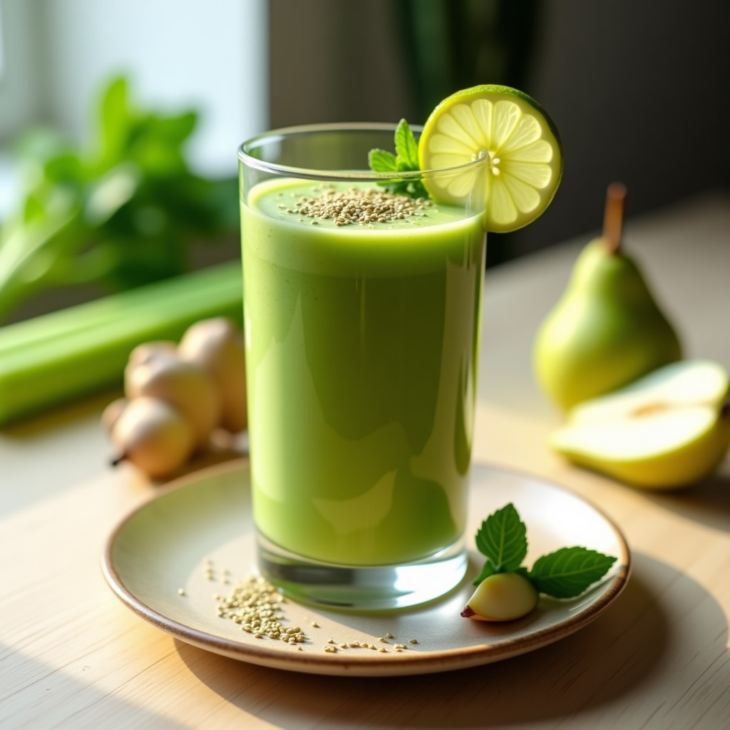 Vaso alto transparente con batido verde espeso de apio, peras y jengibre, decorado con semillas de cáñamo y rodajas de pera. Fondo blanco con hojas de espinaca y tallos de apio frescos.