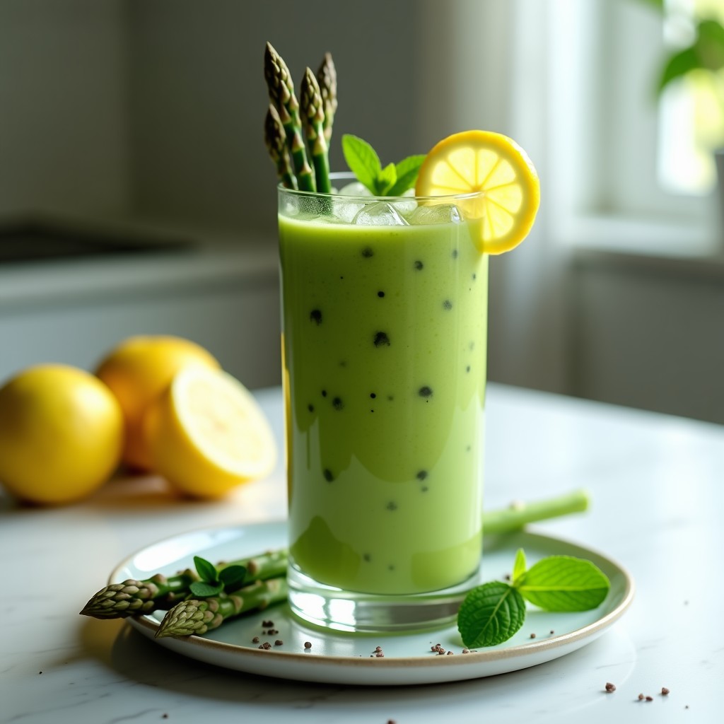 Vaso alto transparente con batido verde brillante de espárragos y limón, decorado con puntas de espárragos frescos y una rodaja de limón amarillo sobre el borde. Fondo claro con hojas de menta esparcidas y semillas de chía visibles en la superficie del batido.