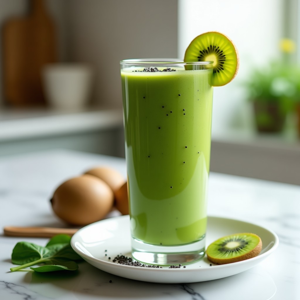 Vaso alto transparente con batido verde cremoso de espinaca, kiwi y semillas de chía, decorado con una rodaja de kiwi y semillas de chía espolvoreadas. Fondo blanco con hojas de espinaca frescas y una cuchara de madera. Bebida desintoxicante fresca y saludable.