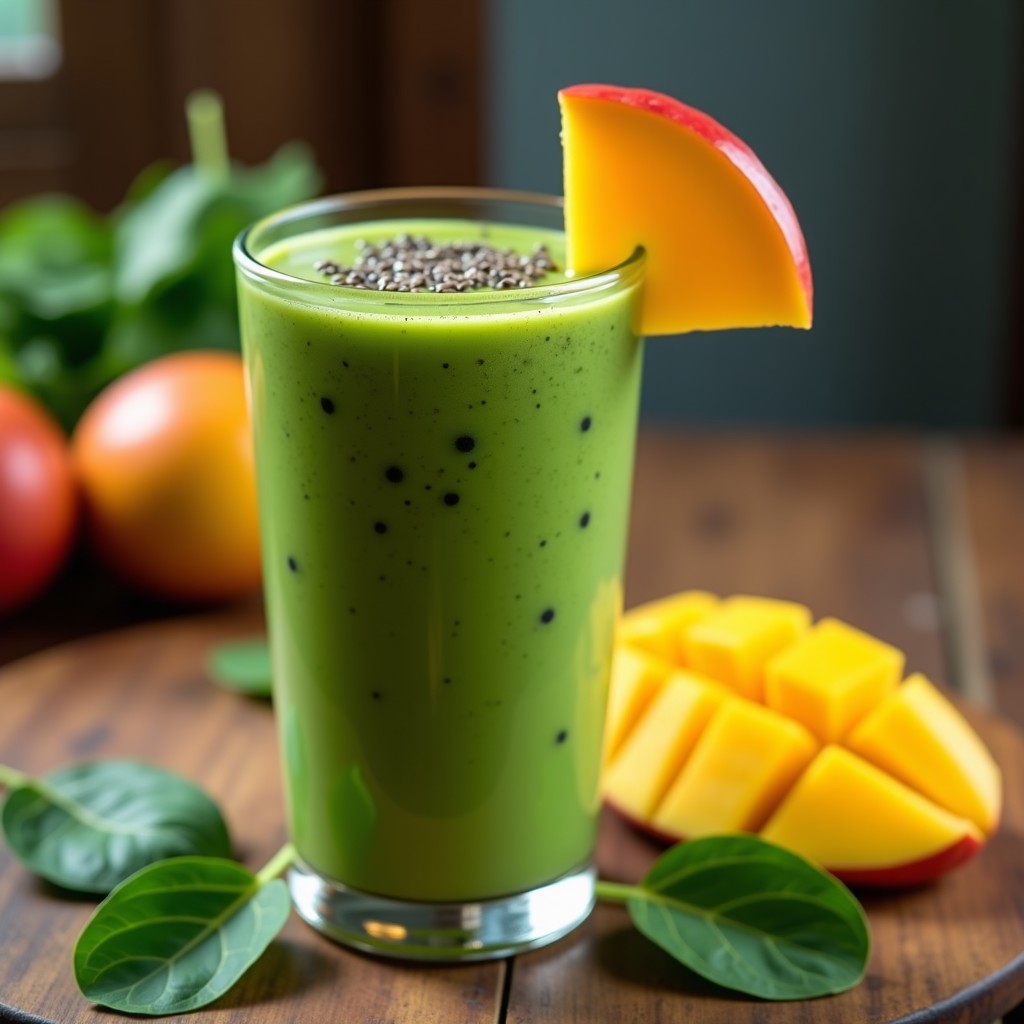 Vaso alto transparente con batido verde cremoso de espinaca y mango, decorado con semillas de chía y rodajas de mango fresco, sobre fondo de madera rústica con hojas de espinaca alrededor.