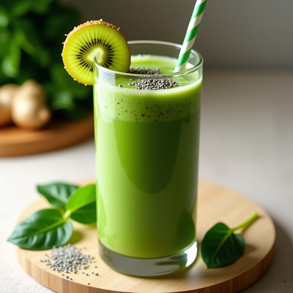 Vaso alto transparente con batido verde espeso de espinacas, kiwi y aloe vera, decorado con rodajas de kiwi y semillas de chía en la superficie, sobre fondo de madera clara con hojas de espinaca y un jengibre fresco al lado. Bebida detox y alcalinizante lista para servir.
