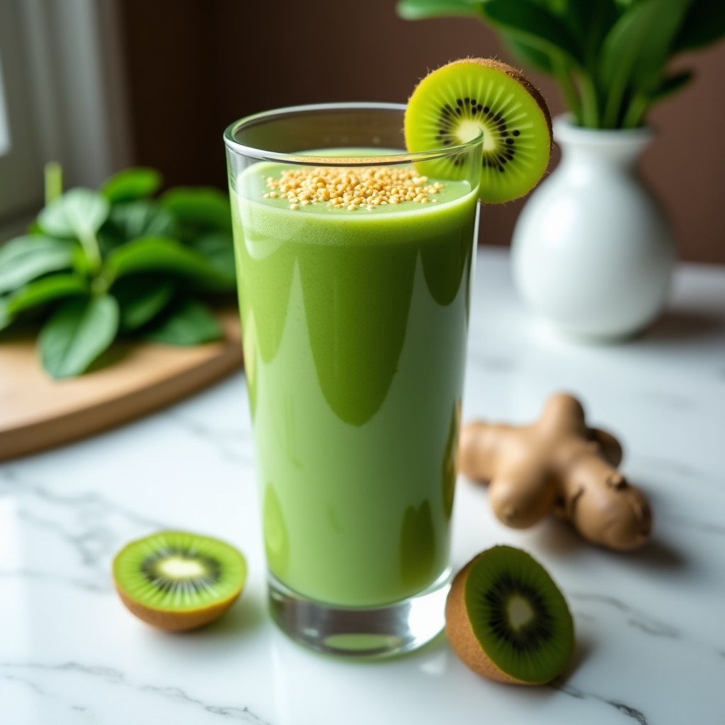 Vaso alto de cristal con batido verde espeso de espinacas y kiwi, decorado con semillas de lino dorado y una rodaja de kiwi en el borde. Fondo blanco con hojas de espinacas frescas y un rallador de jengibre.