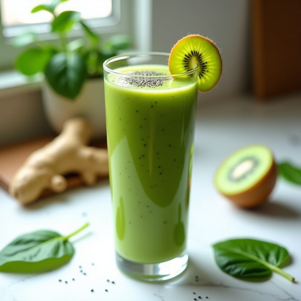 Vaso transparente con batido verde vibrante de espinacas, kiwi y jengibre, decorado con rodajas de kiwi y semillas de chía en la superficie. Fondo con hojas de espinaca frescas y trozos de jengibre. Receta de desayuno detox y alta en vitamina C.