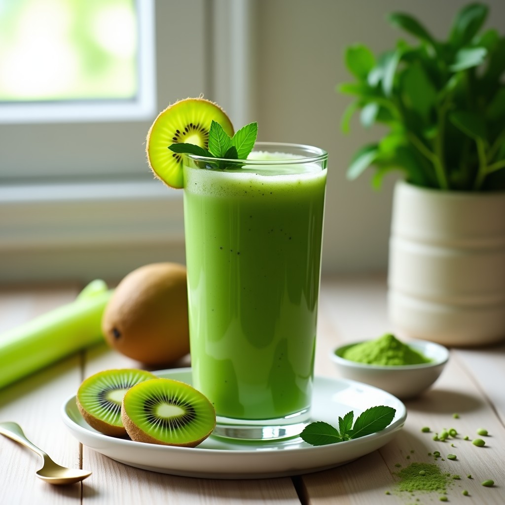 Vaso alto transparente con batido verde vibrante de espirulina, kiwi y apio, decorado con una rodaja de kiwi y una hoja de menta, sobre fondo de madera clara con ingredientes dispersos: tallos de apio, kiwi cortado y cucharita de espirulina en polvo.