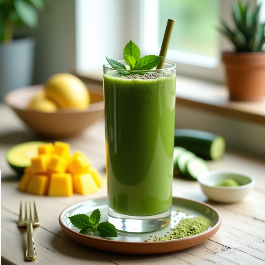 Vaso alto de cristal con Batido Verde de Espirulina y Mango, color verde intenso con vetas doradas, decorado con canela en polvo y semillas de lino. Fondo con hojas de mango y una cucharadita de espirulina en polvo al lado.