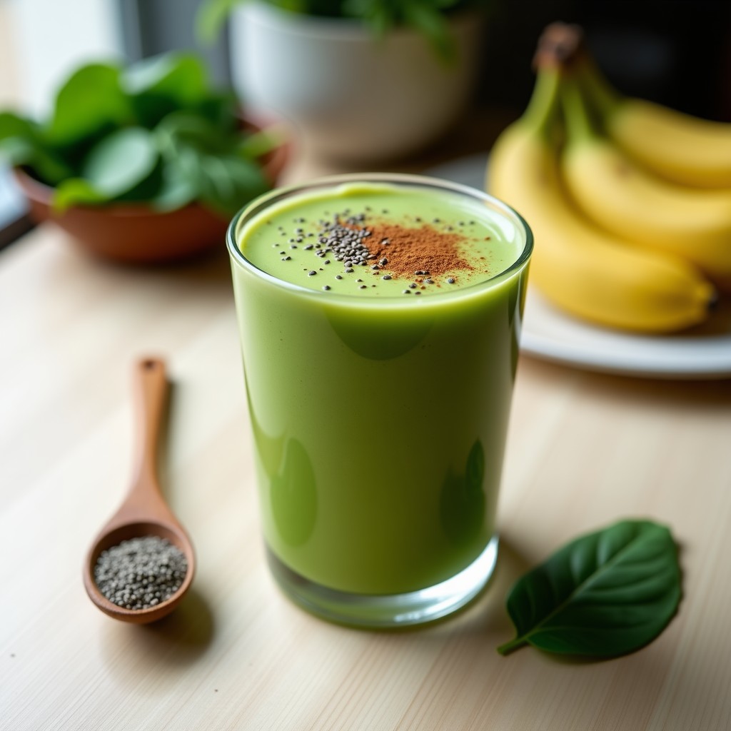 Vaso alto transparente con batido verde espeso de espirulina y plátano, coronado con semillas de chía y un toque de canela, sobre fondo de madera clara con espinacas frescas y una cucharada de espirulina en polvo al lado.