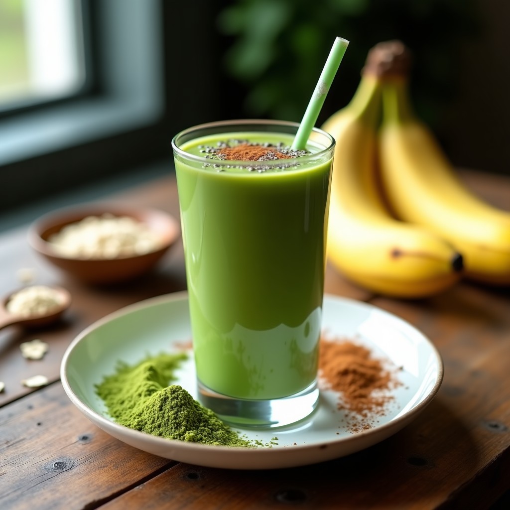 Vaso alto transparente con batido verde cremoso de espirulina y plátano, decorado con semillas de chía y canela, sobre fondo de madera con ingredientes dispersos: plátano, cucharita de espirulina y copos de avena.