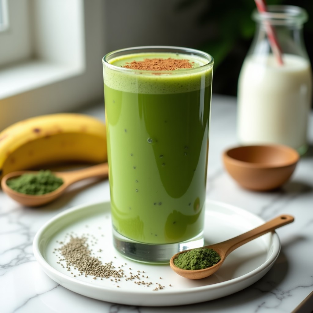 Vaso alto de cristal con batido verde espeso de espirulina y plátano, coronado con semillas de chía y un toque de espirulina en polvo, sobre fondo blanco con ingredientes dispersos: aguacate, plátano y cucharita de madera.