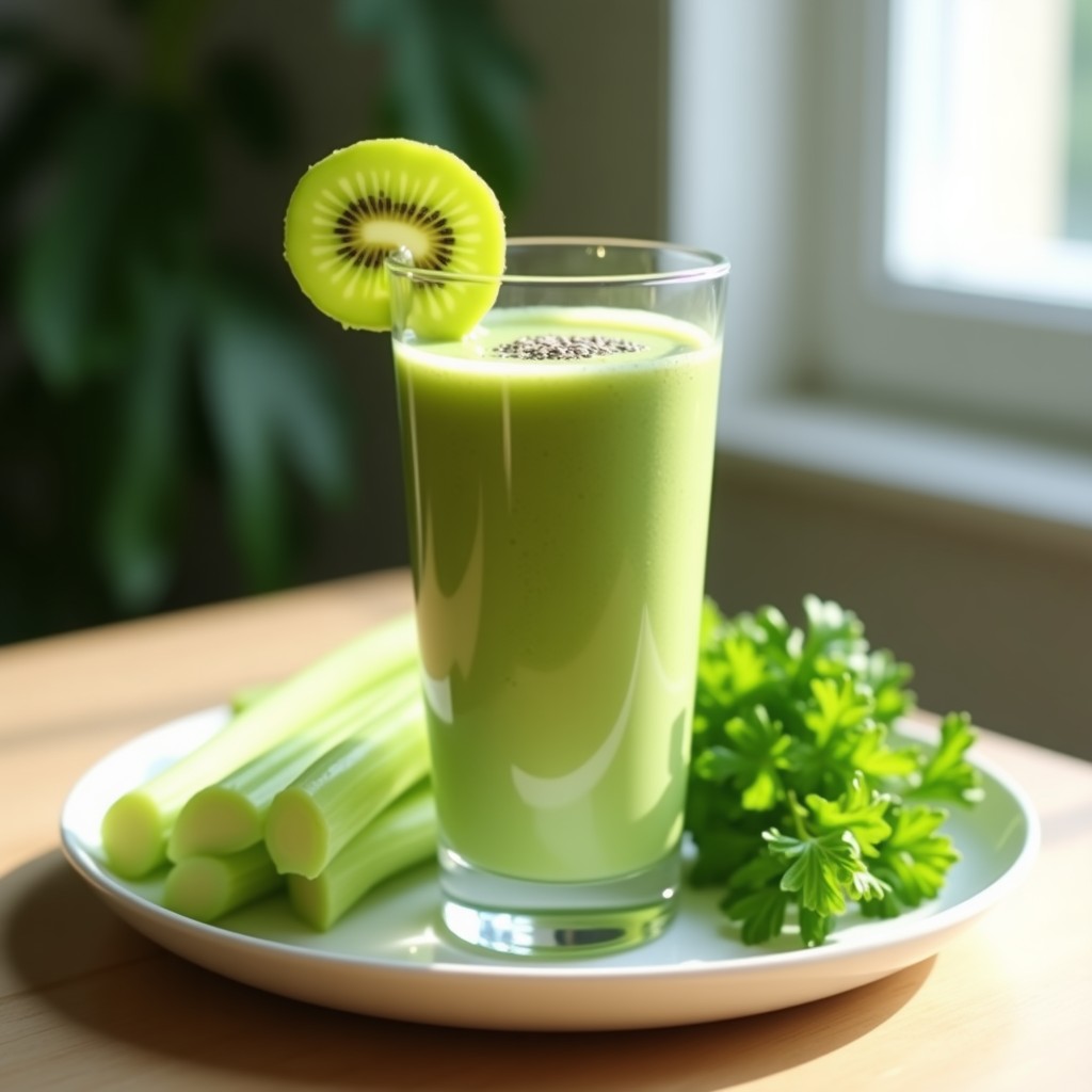 Vaso alto transparente con Batido Verde de Kiwi y Apio, de color verde claro y textura cremosa, decorado con una rodaja de kiwi y una hoja de menta. Al fondo, ingredientes frescos: tallos de apio, kiwis cortados y manzana verde. Imagen luminosa con tono natural y saludable.