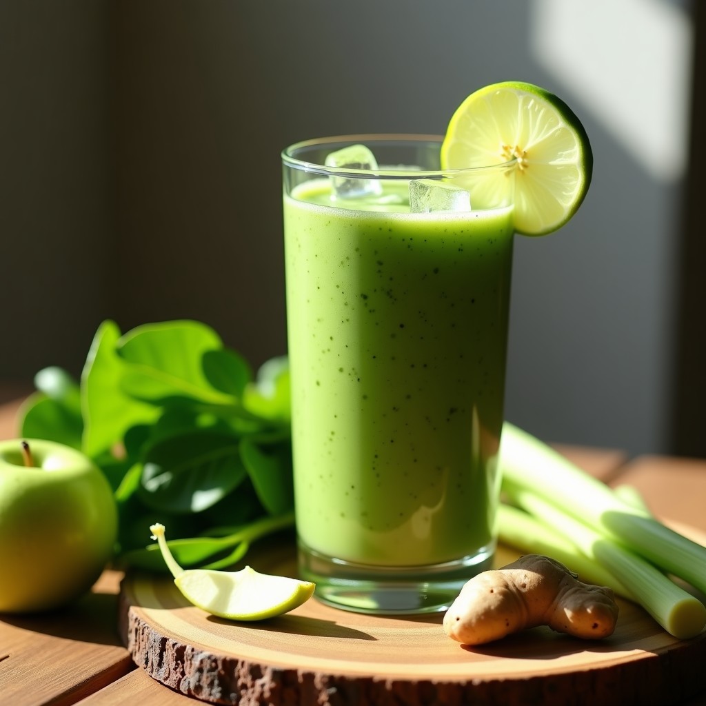 Vaso alto transparente con batido verde detox de espinacas y manzana, servido con hielo y una rodaja de limón en el borde, sobre una mesa de madera con ingredientes frescos alrededor.