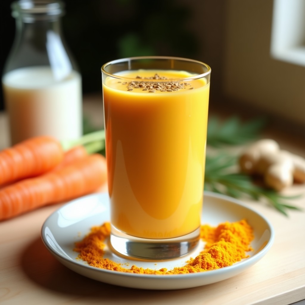 Vaso alto transparente con batido cremoso de color dorado anaranjado, decorado con una pizca de cúrcuma y canela en polvo, servido sobre una mesa de madera con zanahorias frescas y semillas de cáñamo al lado. Bebida antiinflamatoria keto.
