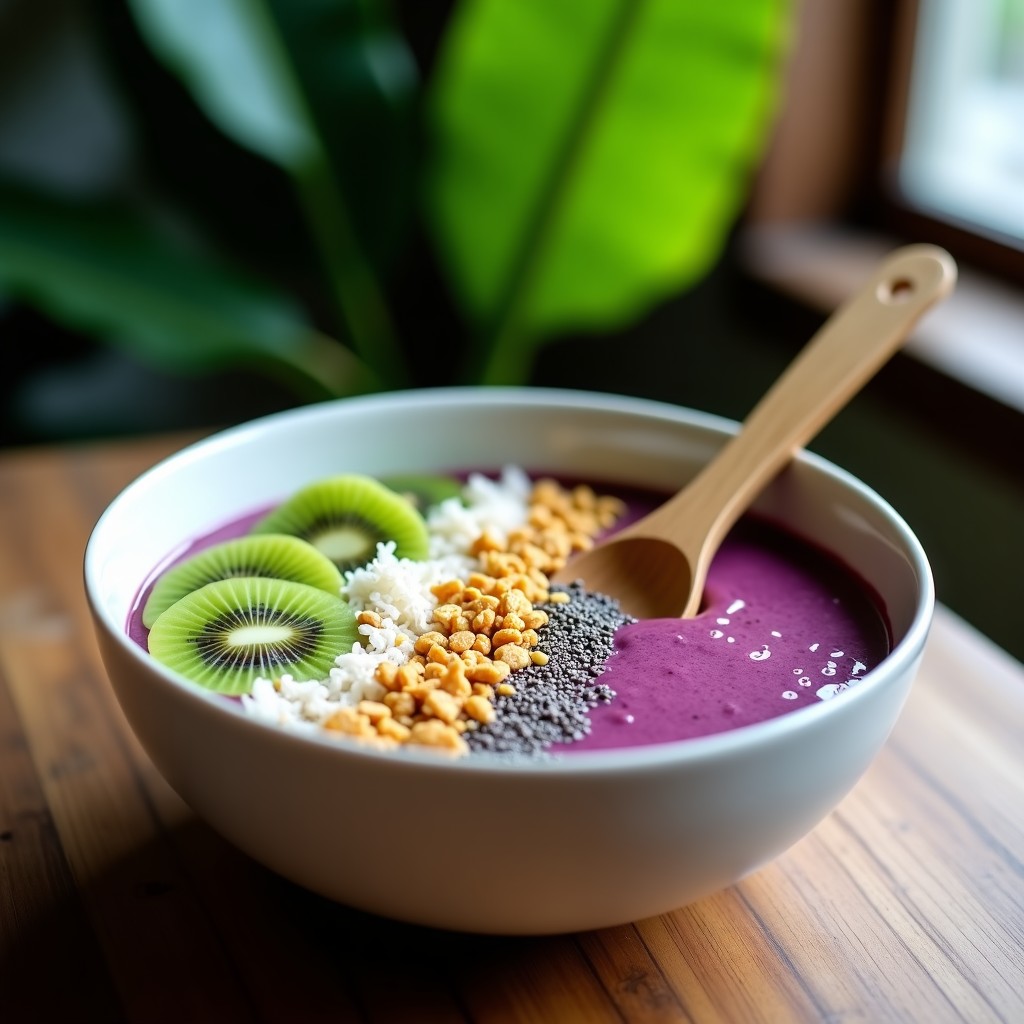 Smoothie bowl brasileño energético en bol blanco con base de açaí morado oscuro, decorado con granola dorada, arándanos frescos, coco rallado y semillas de chía. Textura cremosa y toppings crujientes.