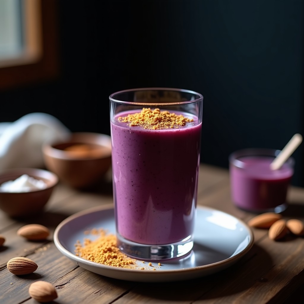 Vaso alto de cristal con batido morado intenso de açaí, maca y leche de almendras, coronado con semillas de chía y canela, sobre fondo rústico de madera con ingredientes esparcidos: pulpa de açaí, plátano y polvo de maca.