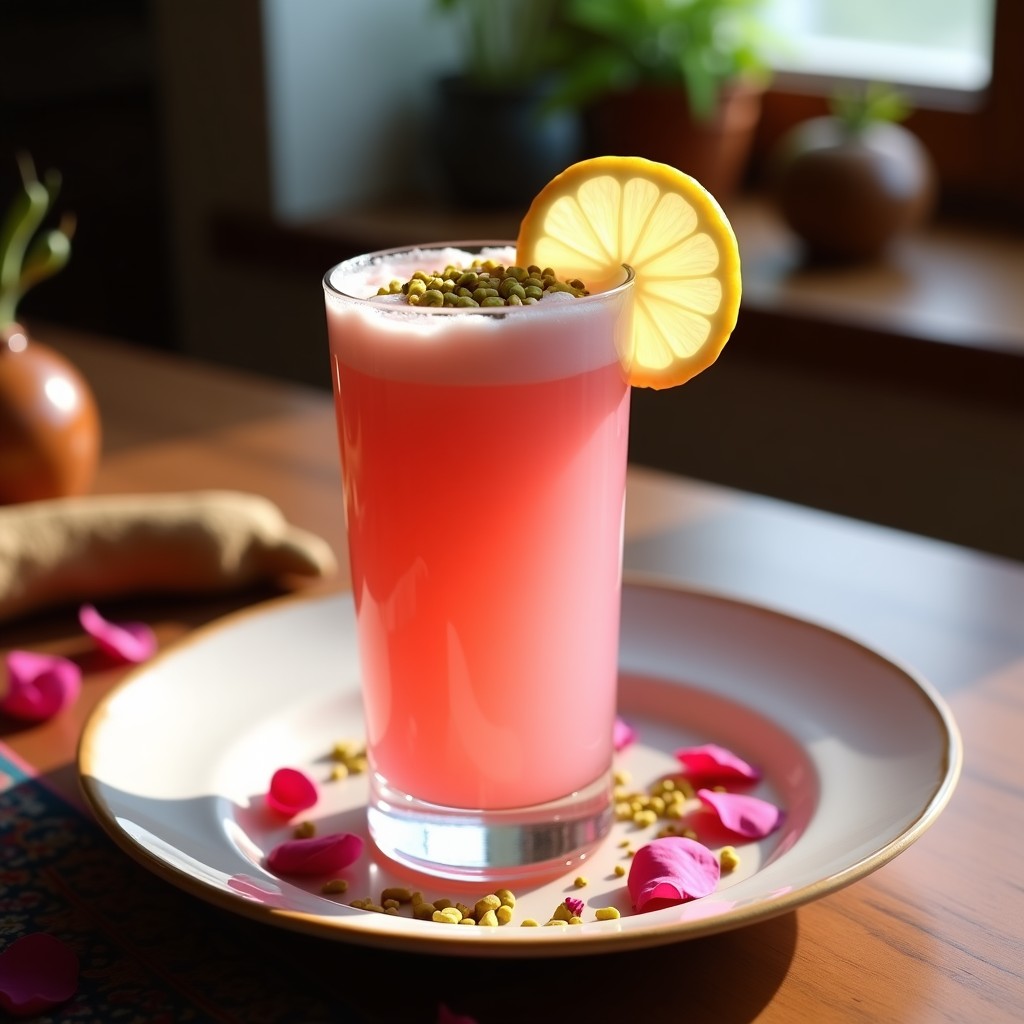 Copa alta de cristal con batido cremoso de color rosado claro, decorado con pistachos picados y una rodaja de limón al borde. Fondo con pétalos de rosa y raíz de ginseng fresco. Bebida energizante iraní de acerola y ginseng con agua de rosa.