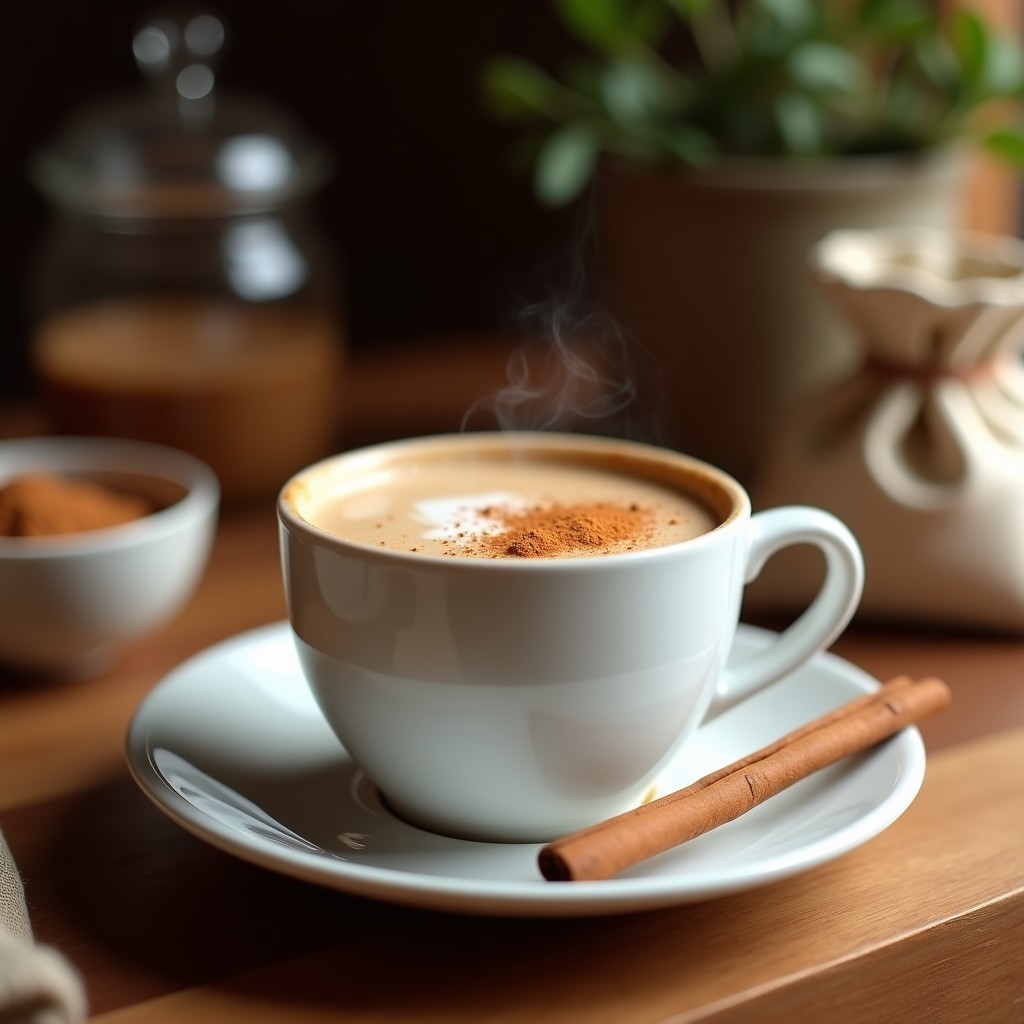 Taza de cerámica blanca con bebida de achicoria y canela humeante, decorada con un palito de canela y servida sobre una mesa de madera rústica con ingredientes al fondo: raíz de achicoria seca, rama de canela y clavos de olor.