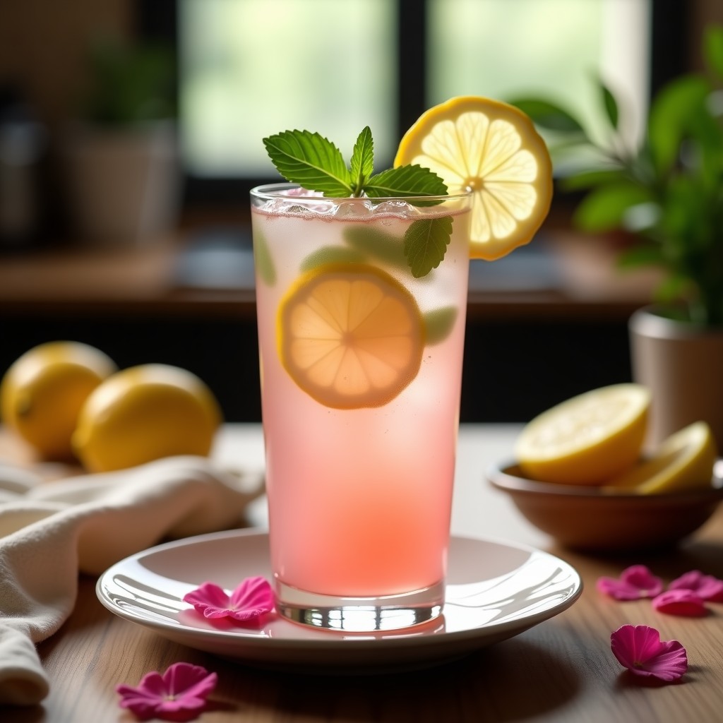 Vaso alto transparente con bebida fresca de agua de rosas y limón, decorada con hielo picado, pétalos de rosa comestible y hojas de menta, sobre una mesa de madera con fondo borroso de especias árabes.