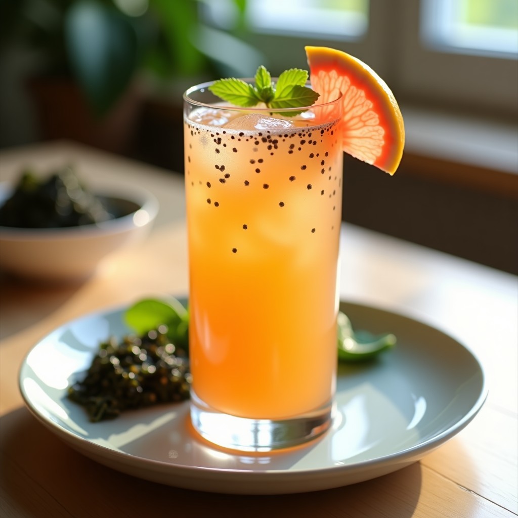 Vaso alto transparente con bebida de algas y jengibre con zumo de pomelo, color ámbar con tonos verdes, decorado con rodaja de pomelo rosado y semillas de chía en suspensión. Fondo con hojas de menta y algas nori secas.