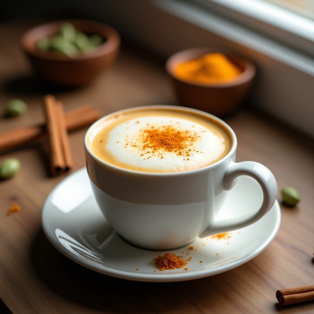 Taza de cerámica blanca humeante con latte vegano dorado de almendra, cardamomo y azafrán, decorada con hebras de azafrán y una rama de canela, sobre una mesa de madera rústica con especias esparcidas al fondo.