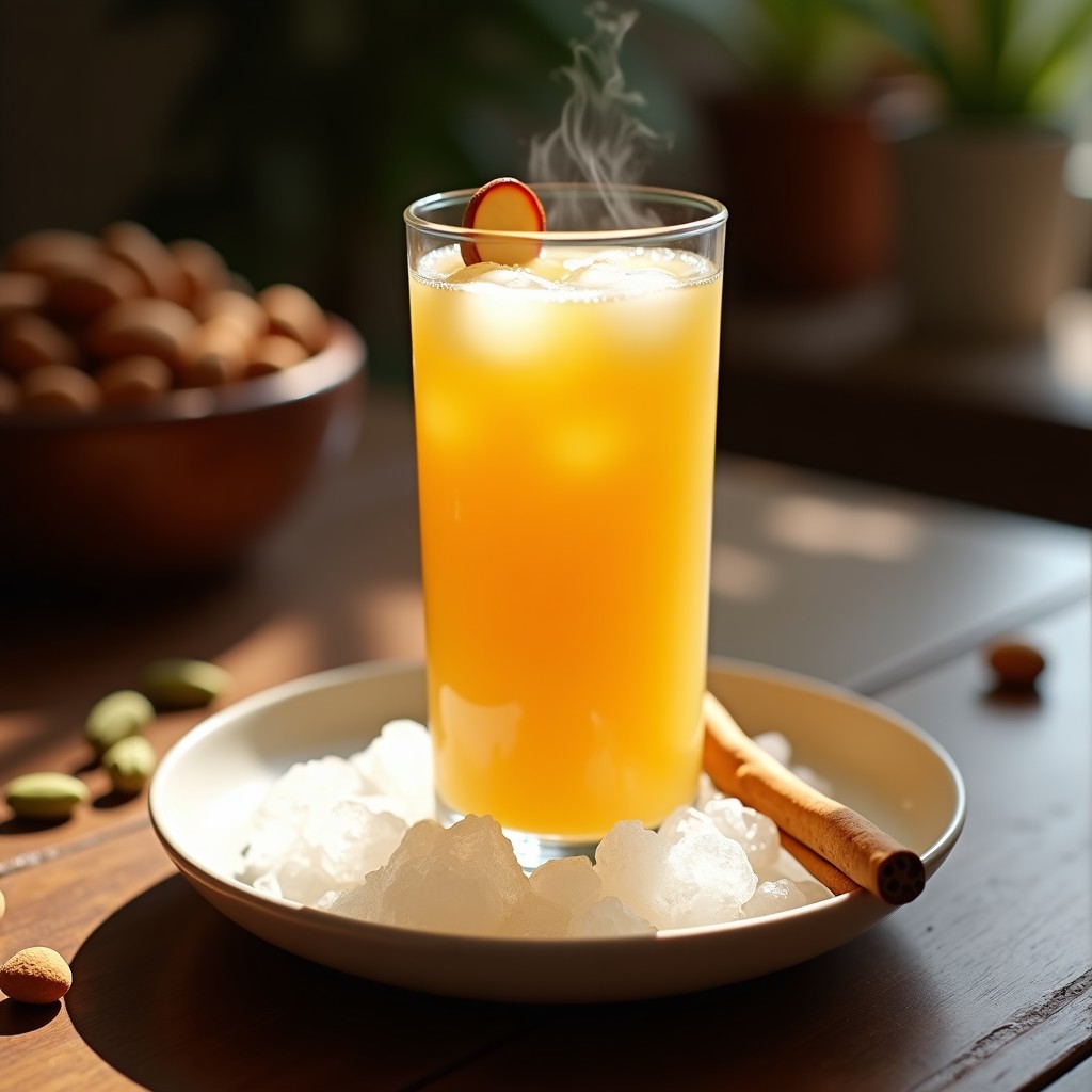 Vaso alto de cristal con bebida cremosa de color dorado pálido, decorado con pétalos de rosa y hebras de azafrán, servido sobre una bandeja de madera con hielo picado y una rama de canela al lado. Receta persa relajante de almendras, azafrán y esencia de rosa sin azúcar.
