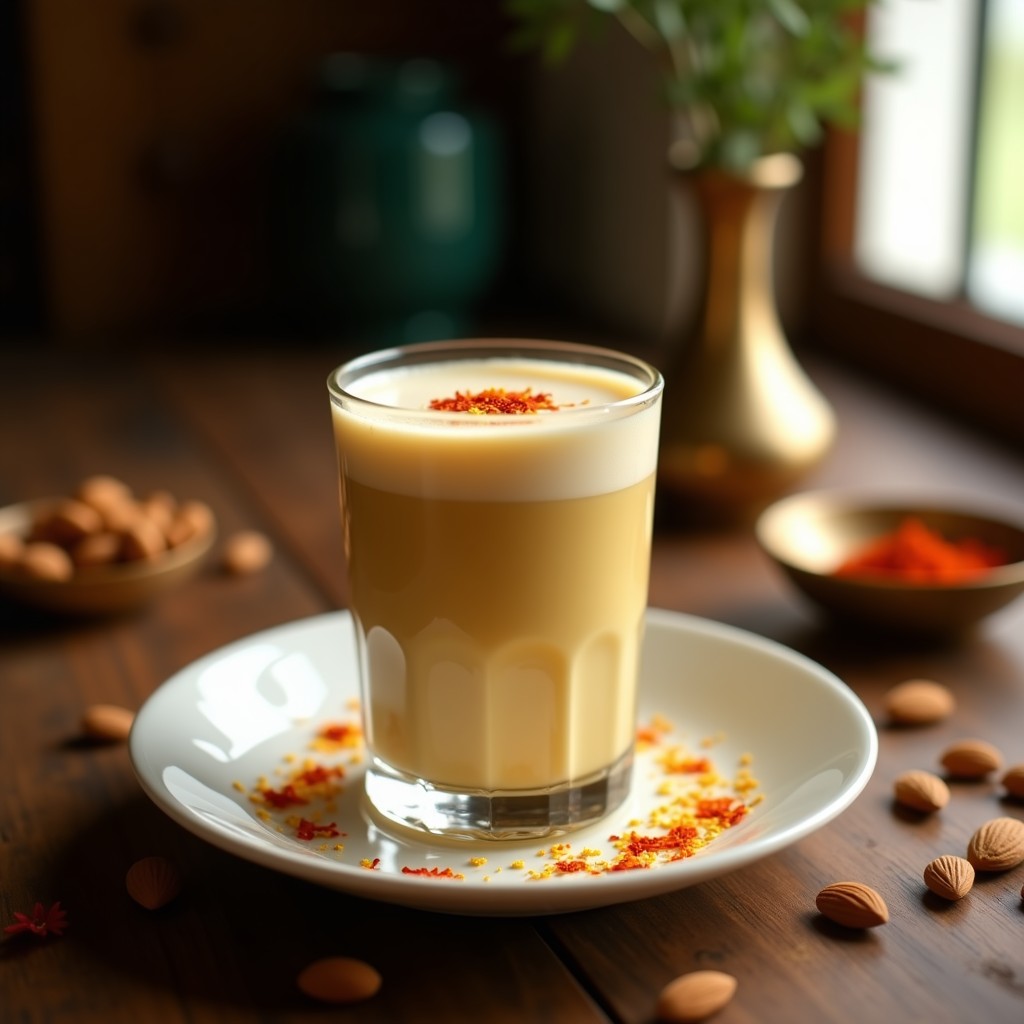 Vaso de vidrio transparente con latte indio espumoso de color dorado claro, decorado con hebras de azafrán y semillas de cardamomo sobre una mesa de madera con especias al fondo.
