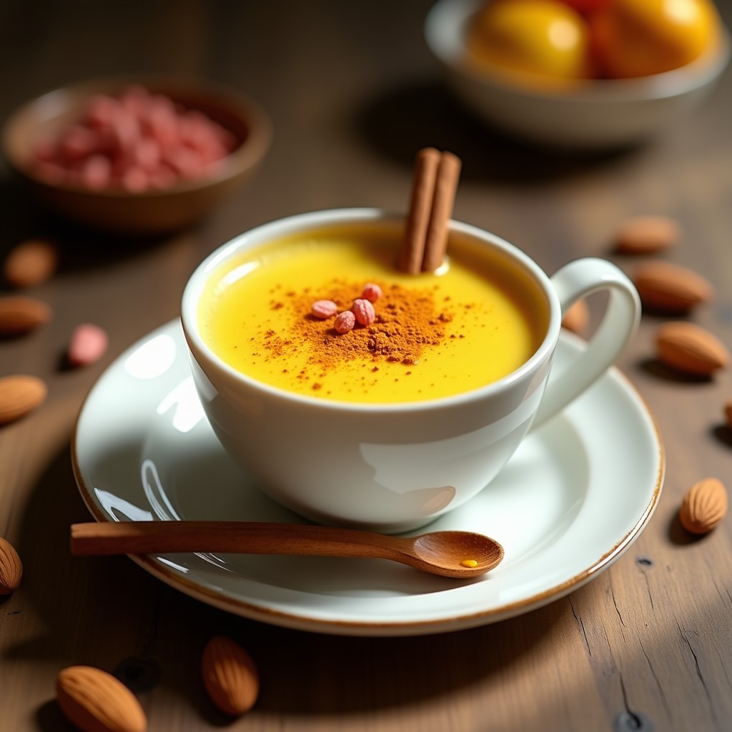 Taza de cerámica blanca con latte dorado antiinflamatorio, espolvoreado con cúrcuma en polvo y decorado con una rama de canela. Al fondo, especias como pimienta rosa y vainilla sobre una tabla de madera rústica.