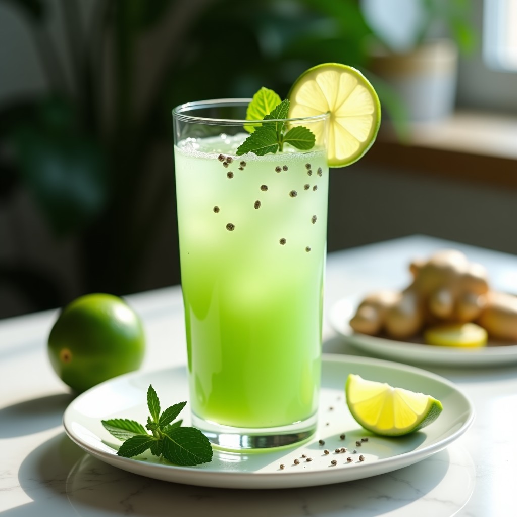 Vaso alto transparente con bebida verde claro de aloe vera y lima, decorado con hielo picado, rodaja de lima y hoja de menta fresca. Fondo blanco con gotas de agua condensada.