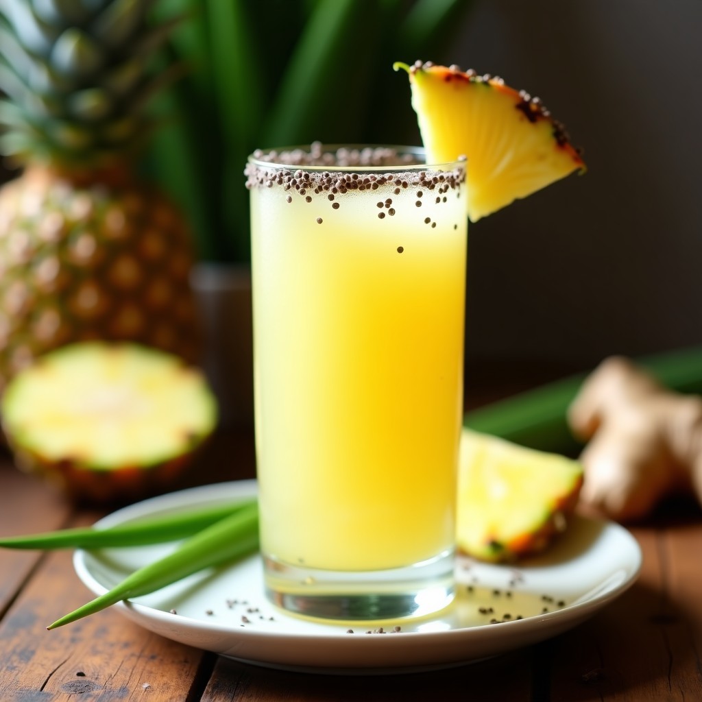 Vaso alto transparente con bebida de aloe vera y piña con jengibre, de color amarillo pálido y textura suave, decorado con hielo picado, una rodaja de piña y una hoja de menta. Fondo claro con ingredientes frescos: hoja de aloe vera, trozos de piña y jengibre.
