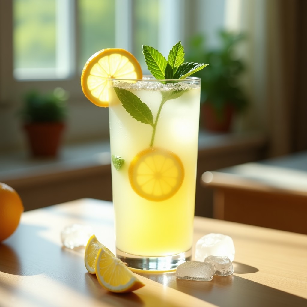 Vaso alto transparente con bebida de amasake y limón, de color blanco cremoso con tonos amarillos, decorado con rodajas de limón, hojas de menta y hielos, sobre una mesa de madera con fondo desenfocado y luz natural suave.