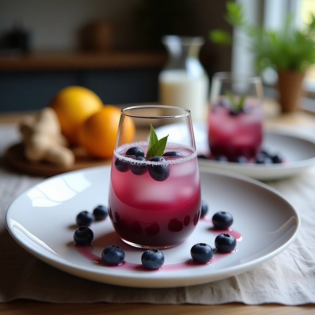 Vaso alto transparente con bebida de arándanos y jengibre con agua de coco, decorado con hojas de menta y rodajas de jengibre, sobre una mesa de madera con luz natural.