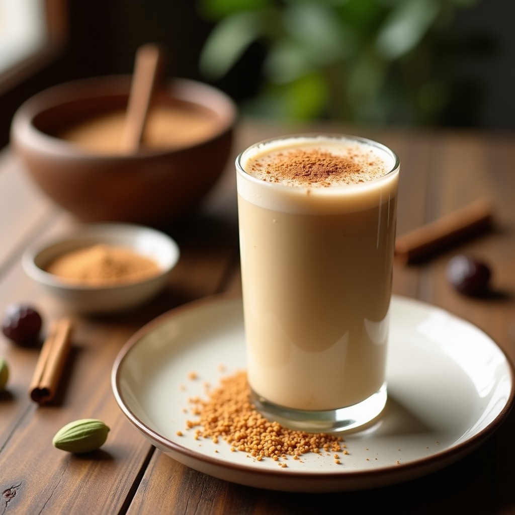 Vaso de cristal transparente con bebida de arroz ferroico caliente, de color dorado terroso, decorado con una rama de canela y semillas de cardamomo. Fondo de madera rústica con ingredientes dispersos: arroz rojo, dátiles y jengibre fresco.