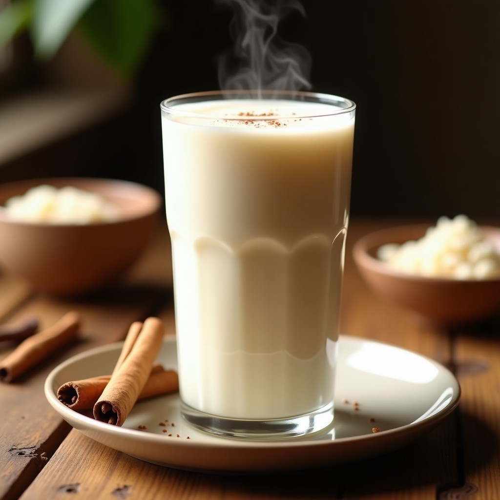 Vaso transparente con bebida de arroz cremosa y espumosa, decorada con una rama de canela y clavos de olor, servida sobre una mesa de madera conspecias al fondo. Alternativa vegana a la horchata en Thermomix.