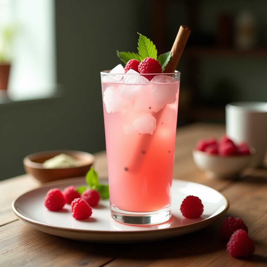 Vaso alto transparente con bebida rosa pálido de arroz fermentado, frambuesas frescas flotando y una rama de canela, servida con hielo picado sobre una mesa de madera rústica, receta coreana probiótica y sin azúcar.