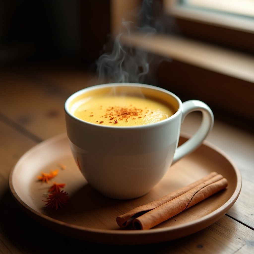 Taza de cerámica blanca con bebida dorada de avena y azafrán, espolvoreada con canela molida, sobre una mesa de madera con hebras de azafrán y una rama de canela al lado. Receta de leche dorada vegana para dormir.