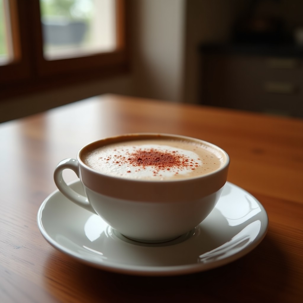 Taza de cerámica blanca con latte vegano espumoso de avena y cacao, decorado con canela y pimienta rosa en polvo, sobre una mesa de madera rústica con especias al fondo.